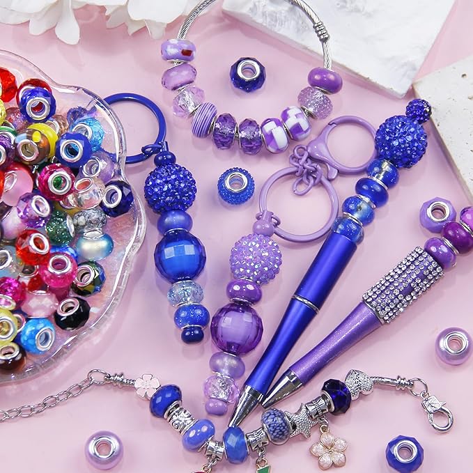 200 Pcs Large Hole Beads for Jewelry Making, Assorted European Craft Big Beads Large Hole Lampwork Murano Bead Fairy Wand Garden Bead for DIY Beadable Pens Charm Bracelet Necklace Decoration Supplies
