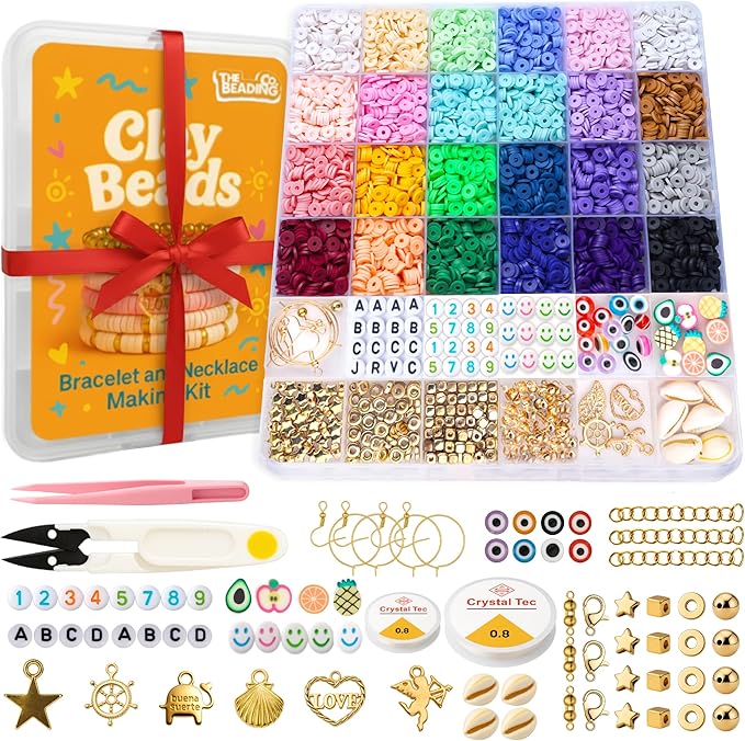 7500+Clay Beads Bracelet Making Kit for Girls- 24 Colors Heishi Beads with No Missing Letter Beads&Charms for DIY Friendship Bracelets and Jewelry Making kit,Arts and Crafts Gift for Teen Girls 6-12
