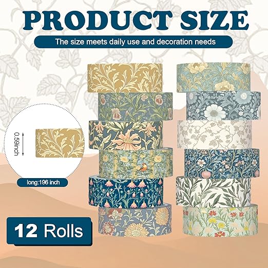 12 Rolls Watercolor Floral Washi Tape Set 15 mm Vintage Flower Decorative Masking Tape for Spring Arts DIY Craft Scrapbook Journal Supplies Gift Wrapping(Earthy Tones,William Morris)