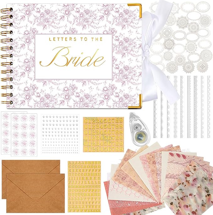 Humyoun Wedding Guest Book Letters to The Bride Scrapbook Wedding Memory Book Bridal DIY Blank Paper Scrapbook Photo Album Guest Sign with Pearl Stickers(8.5 x 7 Inch,Floral,Pink)