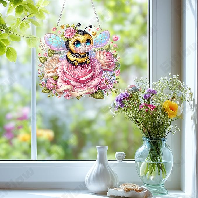 Eiflow Acrylic Diamond Art Hanging Kit for Adults, DIY Diamonds Painting Door Hanging Board Kit, Special Crystal Diamond Art Painting Pendant Ornament (Valentine Bee)