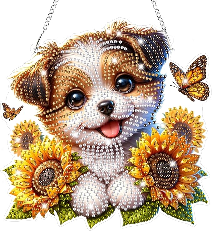 Bowetile Dog Diamond Art Hanging Kits for Adults, 5D Special Shape Diamond Painting Sunflowers Pendant Kits, Animal Gem Art Suncatchers Painting Window Ornament for Home Garden Wall Decor