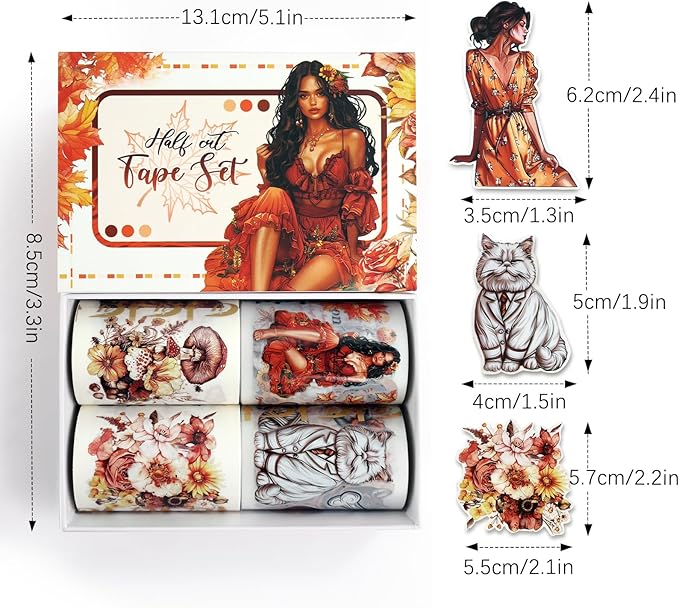 Dizdkizd Pre-Cut PET Washi Tape Set, 4 Rolls of Cute Pet Flower Mushroom Washi Tape Stickers for Scrapbooks, Bullet Journals, Collages, Planners, Autumn Vibes