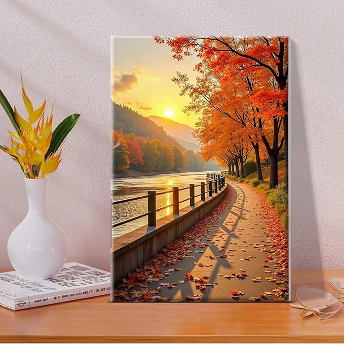 JOOZ Paint by Numbers Kit for Adults with Frame Fall Landscape Paint by Number with Easel Autumn Tree Adult Paint by Number Kits Framed Canvas Sunset Oil Painting Kits for Home Wall Decor 8x12 Inch