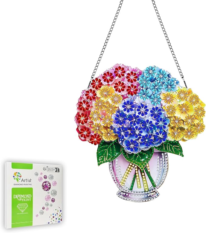 Ginfonr Diamond Painting Kits Hanging Pendant, Vase Sun Catcher for Front Door Sign, Special Shaped Rhinestone Flower Summer Hanging Decor, Double Sided Diamond Kits for Garden Window (8 x 8 inch)