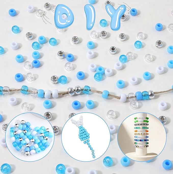 1000Pc Boxed Blue Pony Beads, Blue and White Hair Beads, 9 MM Plastic Craft Bead with Large Hole for Jewelry Making, Bracelets, Necklaces, Hair Braiding and DIY Crafts