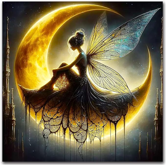 igoodom Diamond Art Kits for Adults, Fairy Diamond Painting Kit, Full Drill Round Moon Diamond Art Kits, DIY Gem Art and Crafts for Home Wall Decor Gift 14x14inch