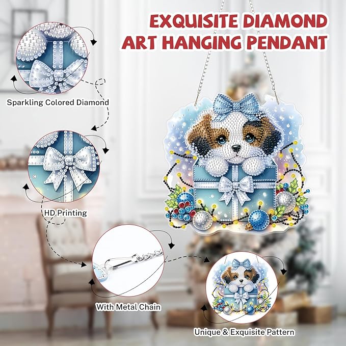 Bowetile Christmas Diamond Art Hanging Kits for Adults, Diamond Art Suncatchers Dog, 5D Special Shape Diamond Painting Pendant Window Ornament Christmas Gifts for Home Door Wall Decor