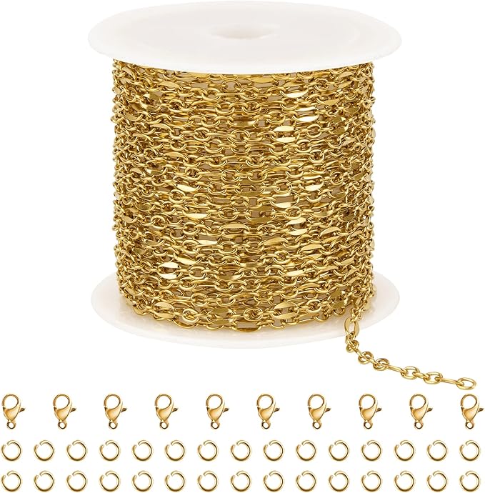 Kyutong Gold Plated Stainless Steel Jewelry Chain Roll on Bulk 5 Meters Long Cable Necklace Chains with Connectors for Jewelry Craft DIY