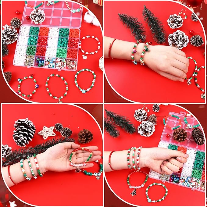 Wuollgess 2600 PCS Christmas Beads, Clay Beads Kit, Pony Beads and Glass Seed Beads for Jewelry Making, Bracelet Making Kit with Christmas Charms for Bracelets Gift Garland Decor