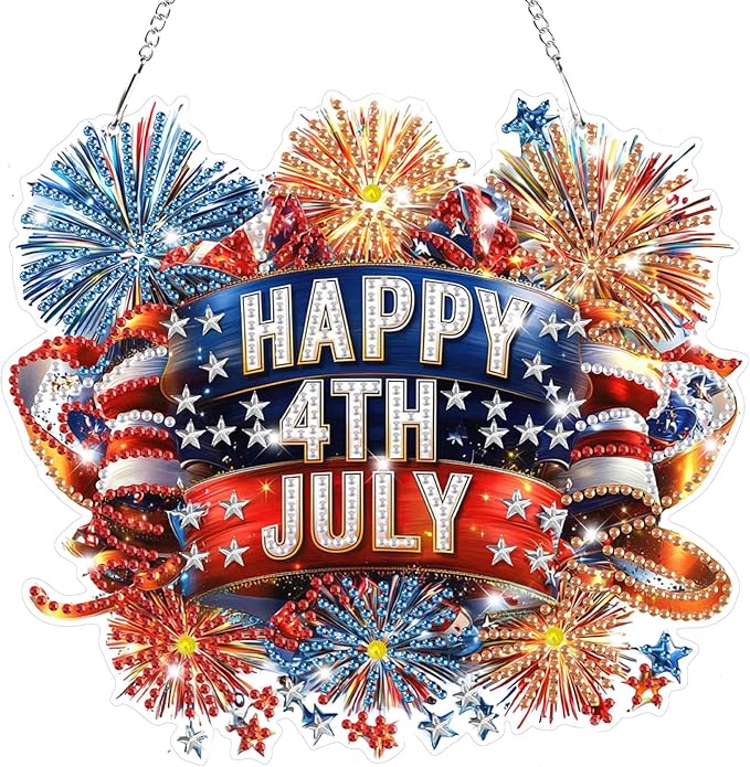 Bowetile 5D Independence Day Diamond Art Hanging Kits for Adults, 4th of July Fireworks Diamond Painting Window Pendant Kits, Special Shape Gem Art Suncatcher Patriotic Ornament for Home Wall Decor
