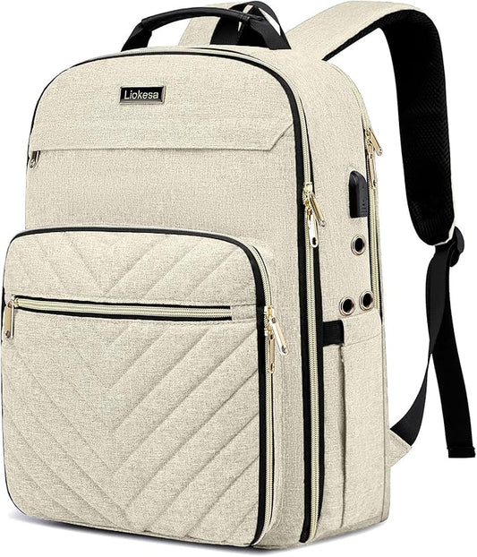 Liokesa Knitting Bag Backpack, Crochet Bag Tote, Large Yarn Storage Tote Bag with USB Charging Port, Yarn Holder Case for Carrying Projects, Knitting Needles, Yarn Supplies, Beige