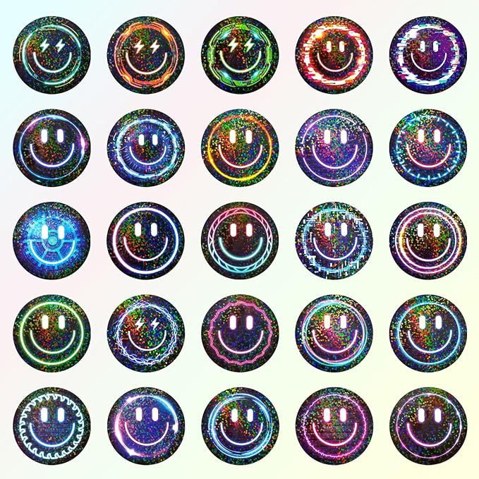 wercokt 50pcs smiling glitter neon stickers, cute water bottle stickers for kids, for teaching rewards, notebooks, stationery, luggage, cartoon pvc happy glitter stickers