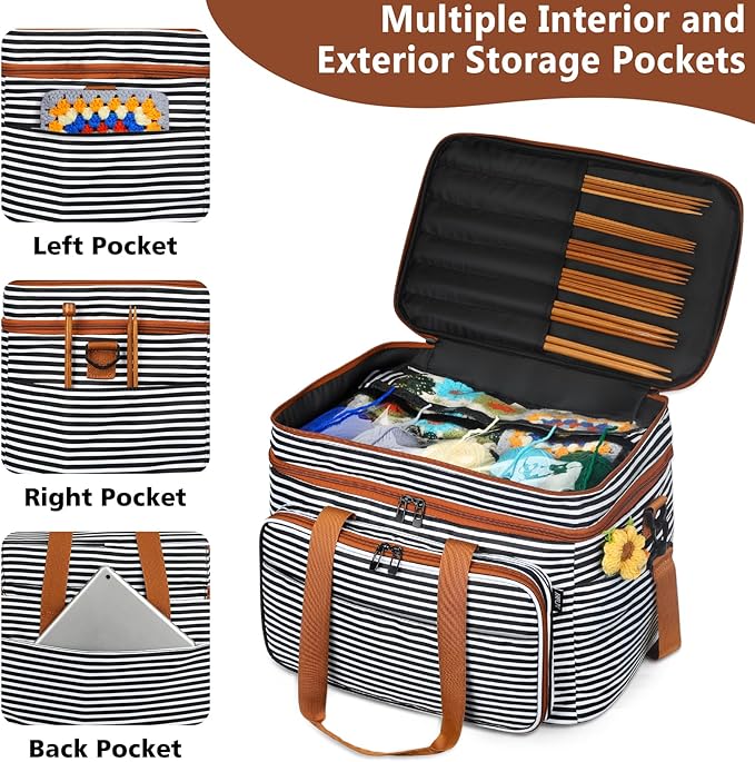 IBFUN 3PCS Crochet Bag with Wrist Yarn Holder, Large Yarn Storage Tote Waterproof Knitting Bag Organizer with Adjustable Strap for Hooks, Needles (Up to 14"), Accessories, Crochet Lovers, Tangle-Free