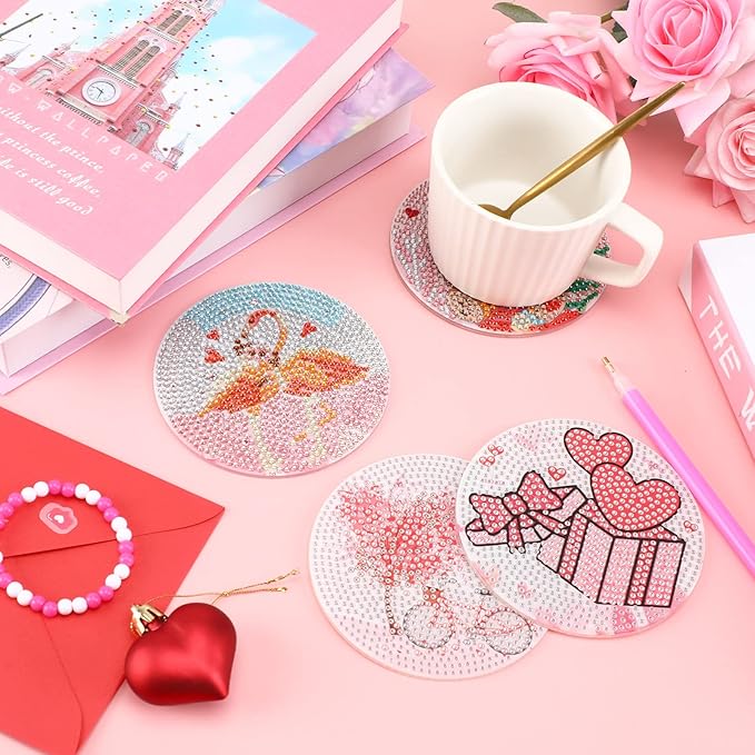 UPINS 8Pcs Valentine's Day Diamond Art Painting Coasters for Drinks DIY Life Coaster Diamond Art Kits for Adults Kids Beginners Diamond Art Craft Supplies