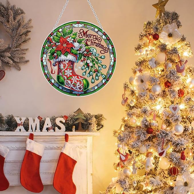 Diamond Art Hanging Kits for Adult, Christmas Diamond Art Crafts Decor, 5D DIY Acrylic Diamond Art Painting Ornaments, Window Pendants Wall Hanging Kits for Home Garden (Socks)