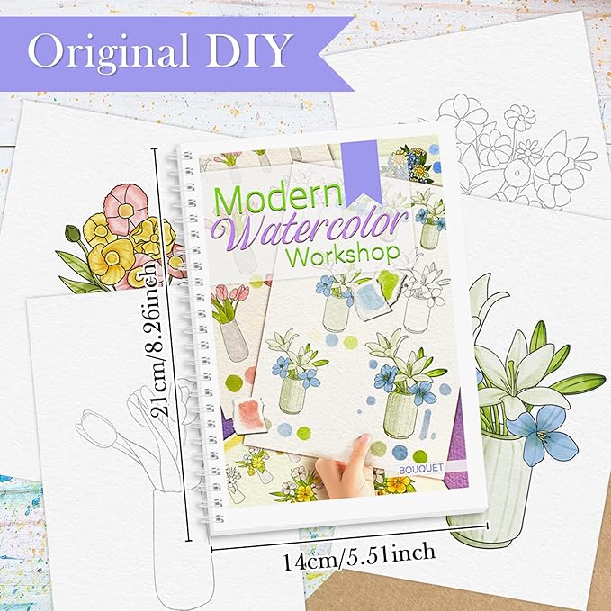 Watercolor Workbook, Watercolor Workbook Paint Book Beginner Friendly, 12 Different Patterns Stress-Relieving Art Crafts for Creative Exploration Gift for Women Adults Teens (Bouquet, 1)