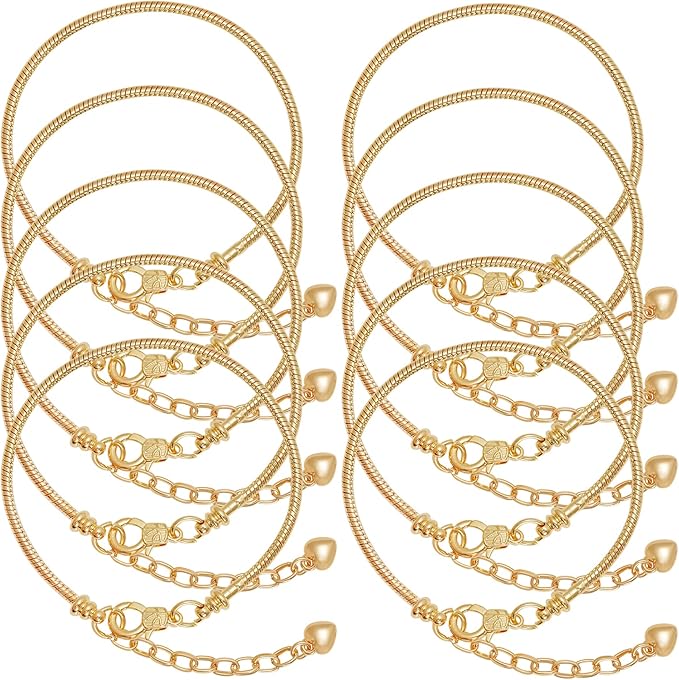 10pcs Chain Bracelets Kit Gold Plated Snake Chain with Heart Lobster European Charm Bracelet for Christmas DIY Women Jewelry Findings Bracelet Making (Gold)