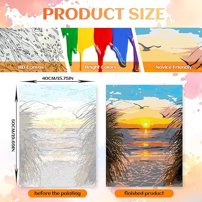 NPCSWXQ Paint By Numbers Kit for Adults Beginners, Beach Sunset Oil Acrylic Painting Crafts Number Artist Paint Kit for Home Wall Bedroom Study or Office Decor Gift 16x20Inch