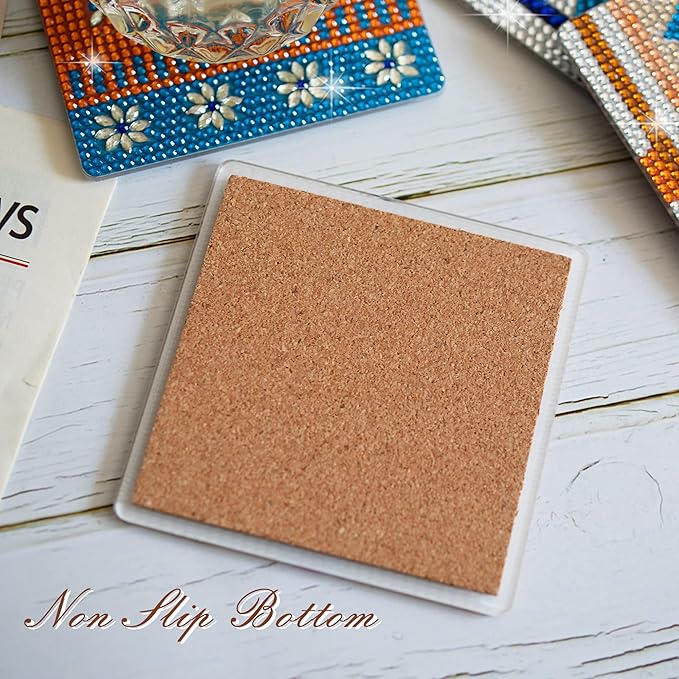 Temlum 6 Pcs Diamond Painting Coasters with Holder, Boho Diamond Coasters Small Diamond Painting Kits for Beginners, Adults Diamond Art Coasters Craft Supplies