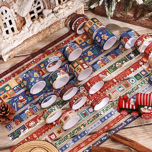 Christmas Theme Washi Tape Set, 12 Rolls Christmas Washi Tape Writable Decorative Tapes for Scrapbooking, Junk Journal Supplies, Bullet Journaling, 0.6"x79" per Roll
