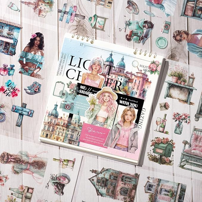 Stickers for Journaling, 20 Sheets Fashion Junk Journal Sticker, Cyan PET Washi Materials Scrapbooking Supplies for Adults, People Women Transparent Decorative Art Crafts