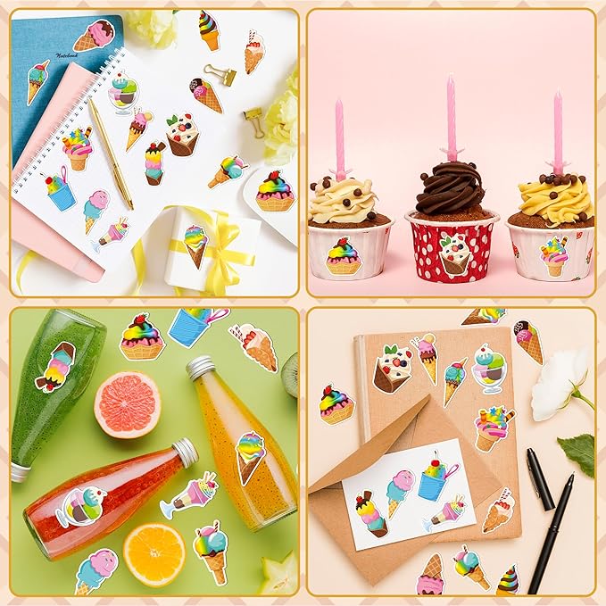 beyumi summer ice cream stickers - 1000pcs ice cream stickers in 2 rolls waterproof vinyl sweets themed cute dessert decals for gift laptop bottle scrapbooking luggage computer envelope decor for kids