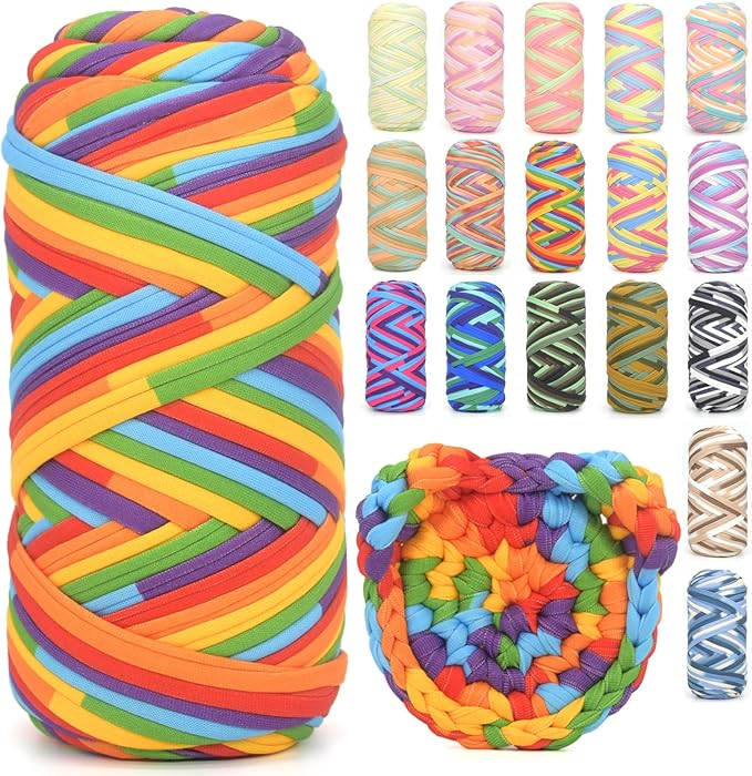 Tshirt Yarn for Crocheting,Rainbow T Shirt Chunky Elastic Fabric Thick T-Shirt Crochet Yarn for Beginners Crocheting Hand Knitting Bag/Basket/Coasters/DIY Crafts/Home Decor 200G-Bright Rainbow