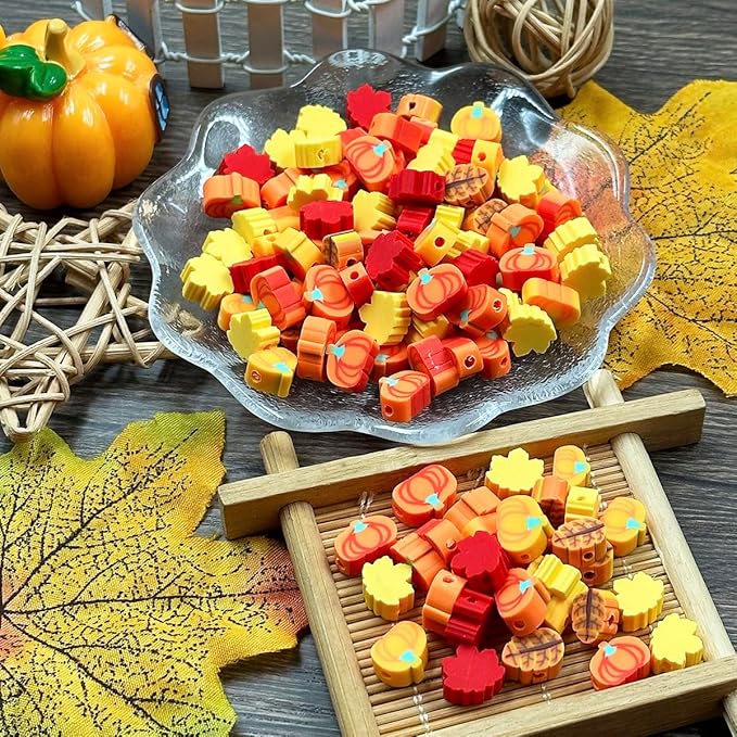 Polymer Clay Fall Pumpkin Maple Loose Spacer Beads, 10mm Thanksgiving Autumn Maple Leaves Pumpkin Beads Charms for DIY Hair Clip Necklace Bracelet Jewelry Earring Handmade Craft Making