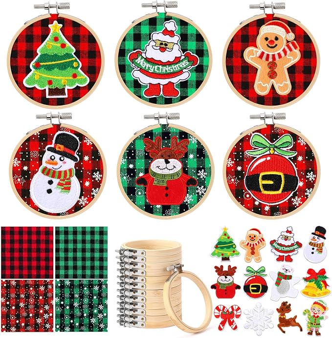 FEBSNOW 12 Pieces Christmas Embroidery Ornament Kit, Including 3 Inch Embroidery Hoops, Self Adhesive Christmas Patches and 5 Inch Squares Plaid Fabric for DIY Holiday Xmas Party Decoration