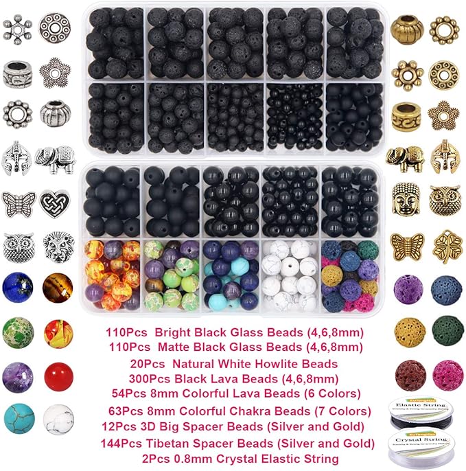 EuTengHao 810Pcs Color Lava Rock Beads Stone Chakra Beads Spacer Beads Kit with Volcanic Gemstone Crystal String for Diffuser Essential Oils Yoga Bracelets DIY Jewelry Making Supplies (4mm 6mm 8mm)