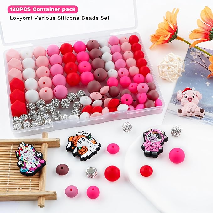 120Pcs Multicolor 12mm 15mm Silicone Beads for Keychain Making, 14mm Hexagon Beads Rhinestone Round Spacer 10mm for DIY Handicrafts(Pink)