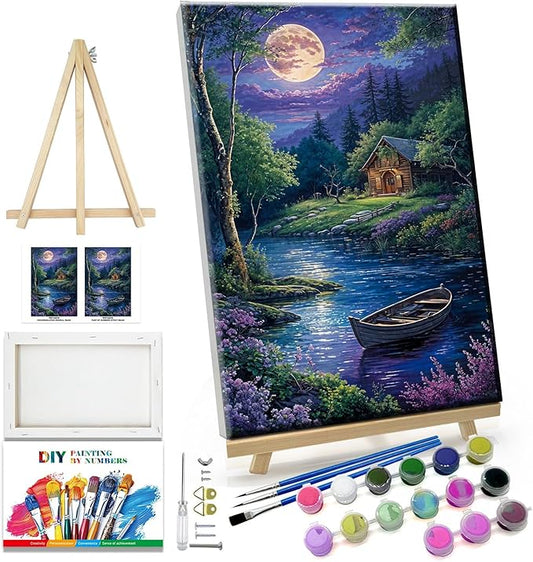 JOOZ Landscape Paint by Numbers Kit for Adults Beginner with Easel Cabin at Night Paint by Number on Canvas with Frame DIY Acrylic Painting for Ideal Gift Home Wall Decor 7.87x11.81 Inch