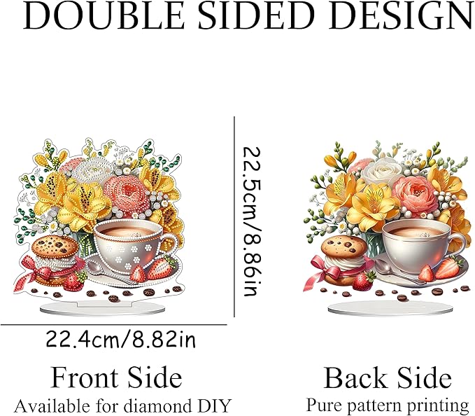 JJFox DIY Tabletop Diamond Art Painting Kit，Double Sided Desktop Ornament Special Shaped Rhinestone Desk Placement Ornament，Home Stand Up Gem Painting Craft Kit，Gift (Coffee and Flowers)