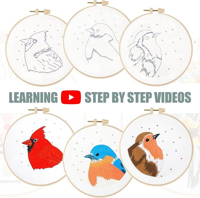 lx lermx embroidery kits for beginners, adult starter cross stitch kit needlepoint complete diy kit with unique patterns, hoop, colorful threads, tools, step by step instructions & video tutorial