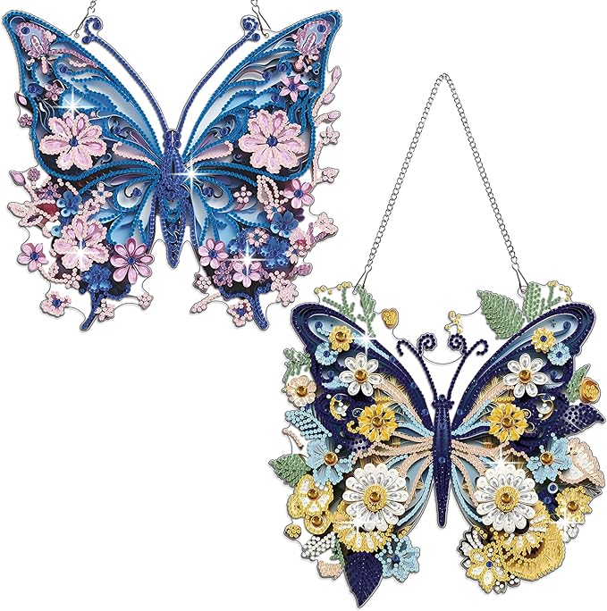 Muzagroo Art 5D Diamond Art Kits for Adults, Butterflies Diamond Hanging Ornament Kits for Windows, DIY Special Shaped Diamond Dot Kits, Crystal Window Hanging Pendant Ornament 2PCS(Butterflies)
