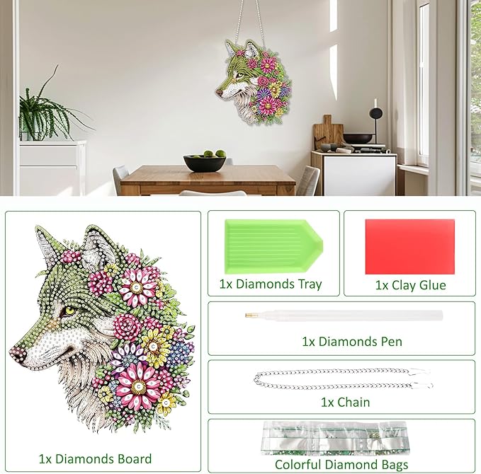 SENQAO Wolf Diamond Art Hanging Kits for Adults Kids, Acrylic Diamonds Painting Pendant Board Kit Wolf, Diamond Art Painting Window Pendants Home Garden Wall Hanging Kits Hanging Ornament