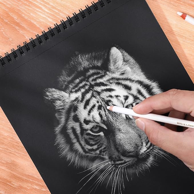 30 Sheets Black Paper Sketchbook, 98lb/160gsm Heavyweight Black Sketch Pad 8.3×11.7in, Acid-Free Drawing Paper, Spiral Bound Sketch Book for Kids, Teens, Artist