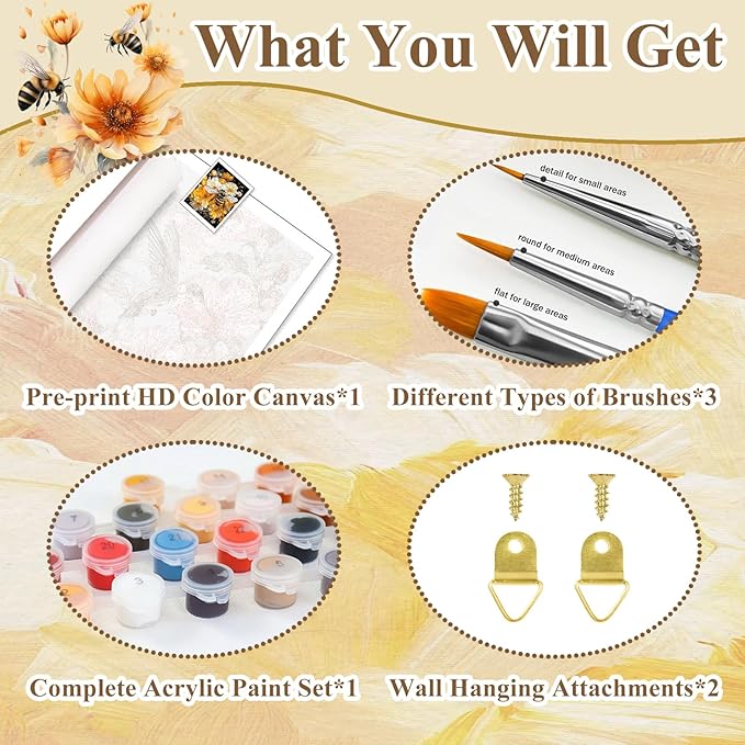 HMZephitiquc Bee Paint by Numbers Kit for Adults Beginners, Adult Paint by Number Kits on Canvas Bee, Easy DIY Craft Painting by Numbers Home Wall Decor 16x20 in