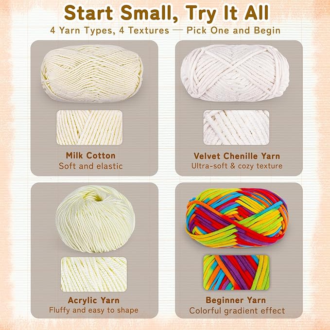 Reessy Crochet Yarn Kit for Beginners – 4 Yarns Sampler Pack (Acrylic, Cotton, Velvet Chenille, Beginner Yarn) with Hooks & Accessories – All-in-One Crochet Starter Kit for Beginners Adults (A)
