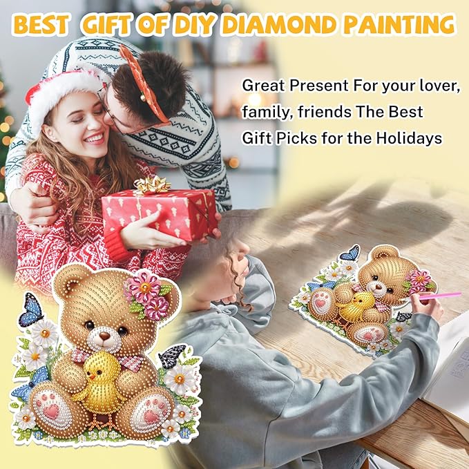 Bowetile Bear and Chick Diamond Art Hanging Kits for Adults, 5D Special Shape Diamond Painting Window Pendant Kits, Animal Gem Art Suncatchers Ornament for Home Garden Wall Decor