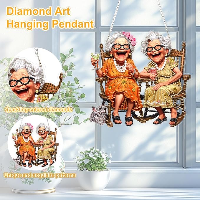 TOSTOG Diamond Art Hanging Kits for Adults, Happy Grandma Diamond Painting for Adults Window Pendant,Special Shape Diamonds Diamond Painting Hanging Pendant Kit for Wall Home Decor Gift
