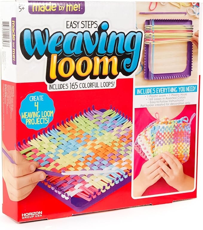 Made By Me Easy Steps Weaving Loom for Kids, Includes 165 Loom Loops & 1 Weaving Loom with Loom Hook, Makes 4 Projects, Hook & Loop Potholder Kit, DIY Weaving Kit, Potholder Loom Kit, Kids Crafts