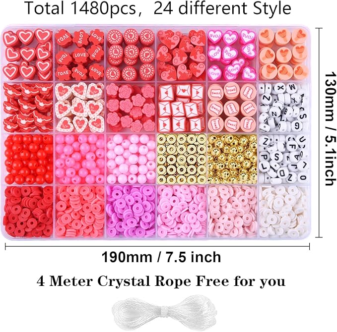 1480pcs Valentine's Day Polymer Clay Beads Charms Friendship Bracelet Necklace Earring Jewelry Making kit, Accessories for Arts Crafts DIY Birthday Gifts for Women Girls Children