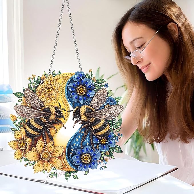 Pavemlo Hanging Diamond Art Kits for Adults Bees – 8x8 Inch Double-Sided Acrylic Board DIY Crystal Diamond Suncatcher Pendant, Sparkling Home Wall or Window Decoration Handmade Gift