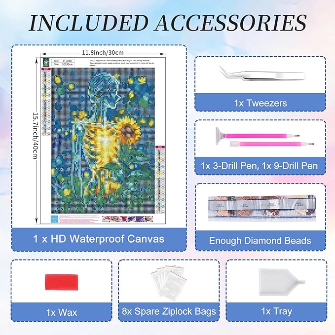 Camocin Diamond Art Kits for Adults Skull, 5D Sunflower Diamond Painting Kits for Adults Beginners, DIY Flowers Full Round Dots Drill Gem Art Kit for Gift Home Wall Decor 12 x 16 Inch