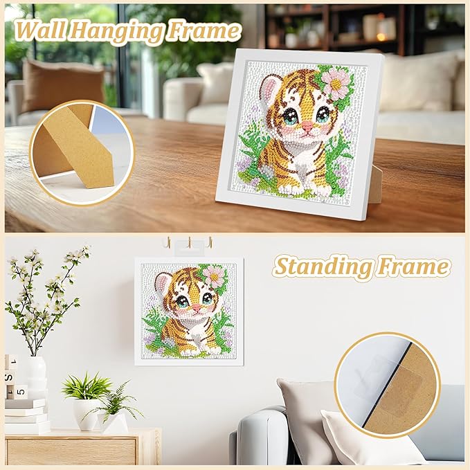 SENQAO Tiger Diamond Art Kit for Adults with Frame Art and Crafts for Adults Ages 6-8 -10-12 Easy to DIY Diamond Art for Adults and Adult Beginners Home Wall Decoration 7.1x7.1inch