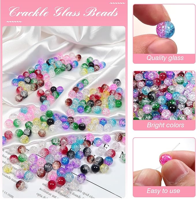 TOAOB 200pcs 8mm Mixed Crackle Glass Beads Kit Lampwork 10 Colors Glass Beads Round Loose Spacer Beads Craft Supplies for Bracelets Jewelry Making Accessories and DIY Crafts