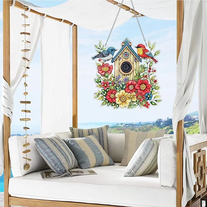 VAIIEYO Bird Diamond Art Hanging Ornament, Birdhouse Animal Diamond Painting Suncatchers Window Hanging Kit with Chain, 7.5x7.5 inch Crystal Pendant Art Craft for Gift Home Wall Front Door Decoration