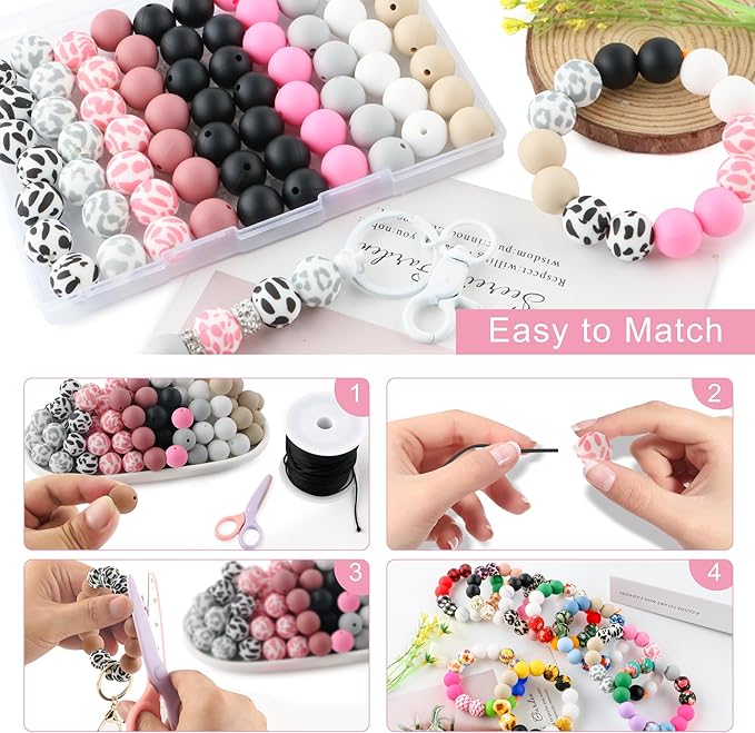70Pcs Print Silicone Beads for Keychain Making,Round 15mm Silicone Beads for Pens, Necklace and Bracelets Making（Cow Print）